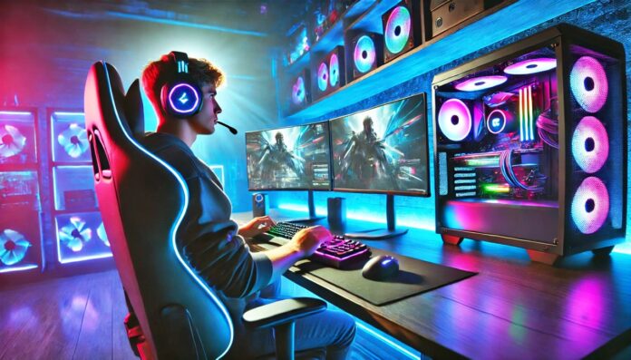baixa-DALL·E 2025-02-18 10.09.25 - A professional photograph of a gamer in a high-tech gaming setup. The gamer is sitting in a sleek gaming chair, wearing a headset with RGB lighting, a