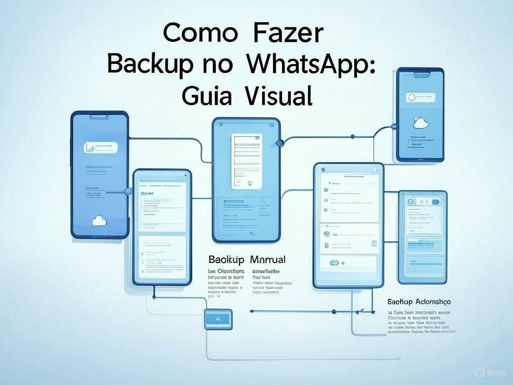 Infográfico passo a passo mostrando como fazer backup no WhatsApp, com dicas de segurança e opções de backup manual e automático, em português brasileiro.